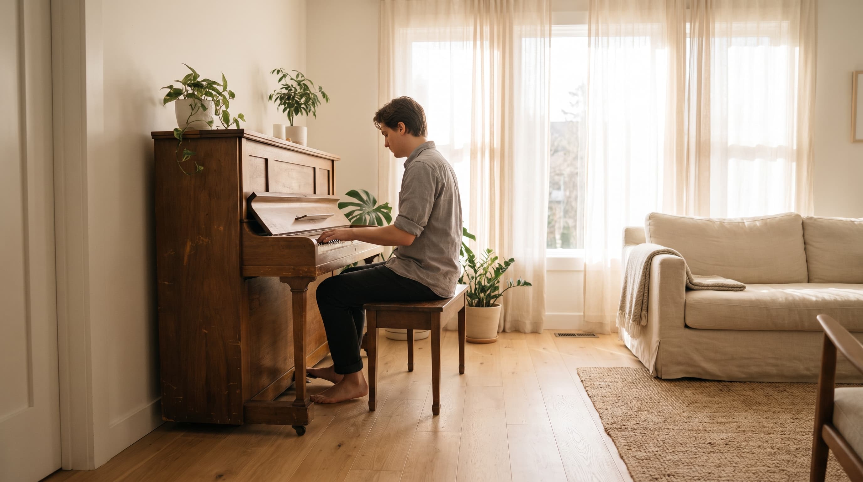 adult playing piano