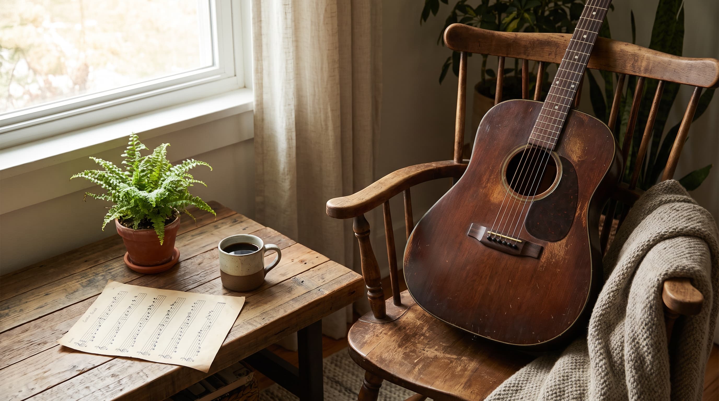 guitar resting on chair