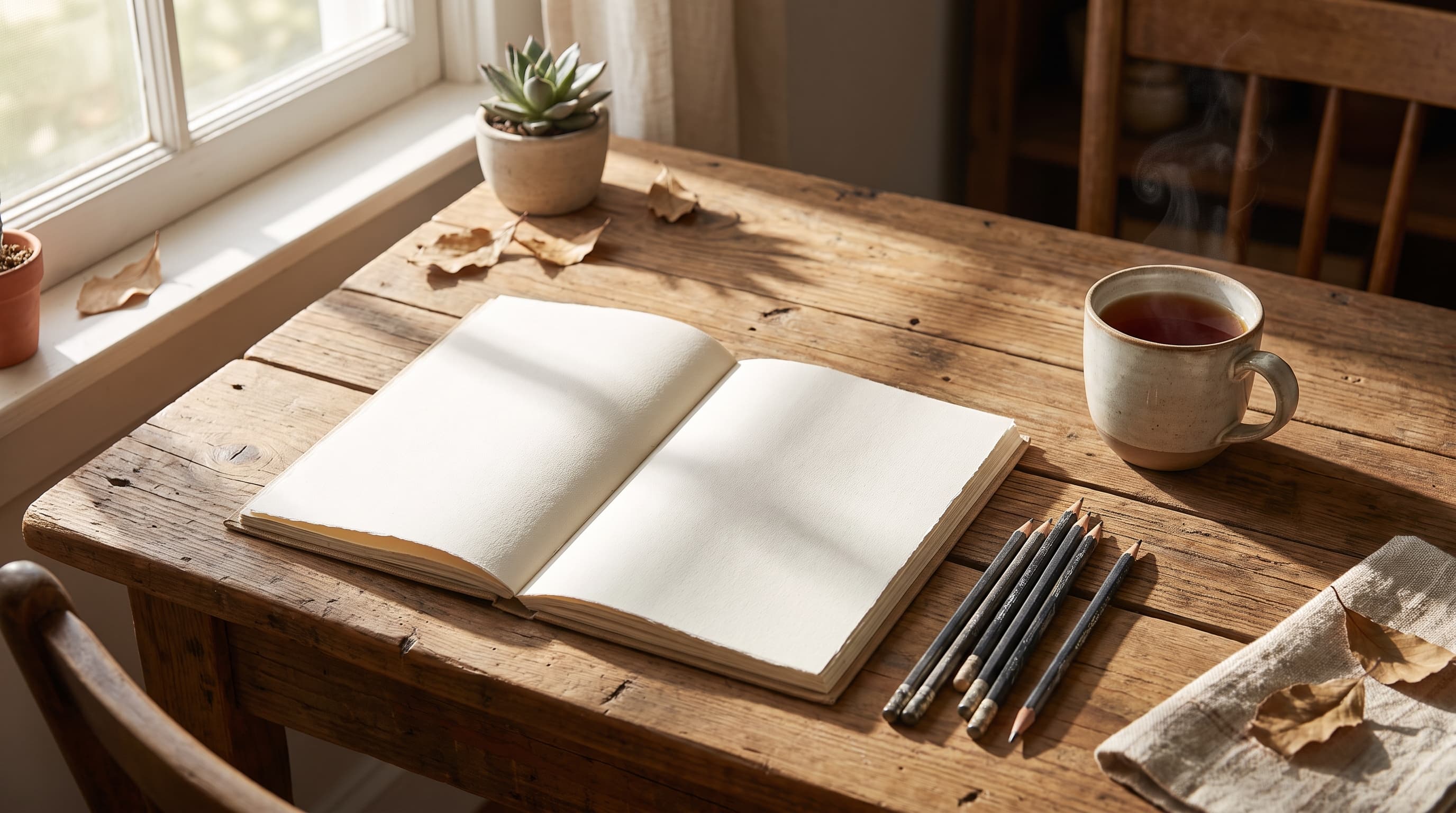 Skizzenbuch und Graphitstifte